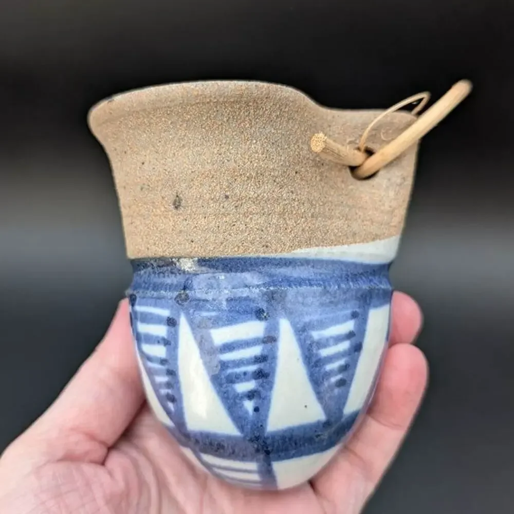 Pottery Hanging Vase Stoneware Blue White Tan Wheel Thrown Geometric Beachy Boho